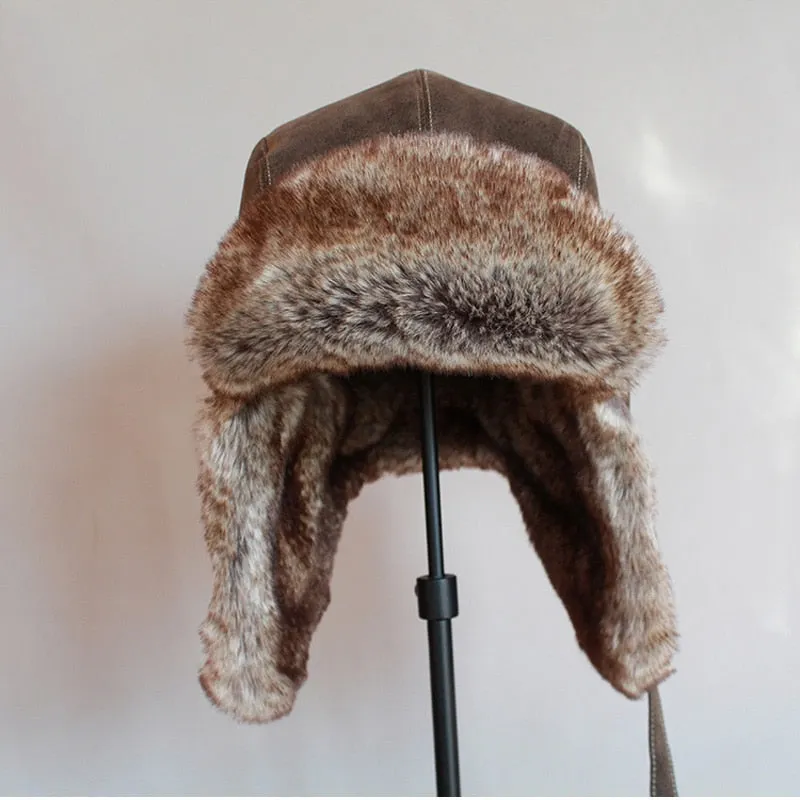 Winter Ushanka Hat Men Women's  Pilot Aviator Bomber Trapper Hat Faux Fur Leather Snow Cap with Ear Flaps