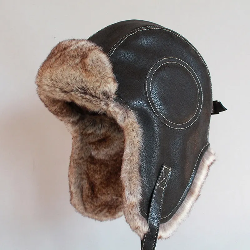 Winter Ushanka Hat Men Women's  Pilot Aviator Bomber Trapper Hat Faux Fur Leather Snow Cap with Ear Flaps