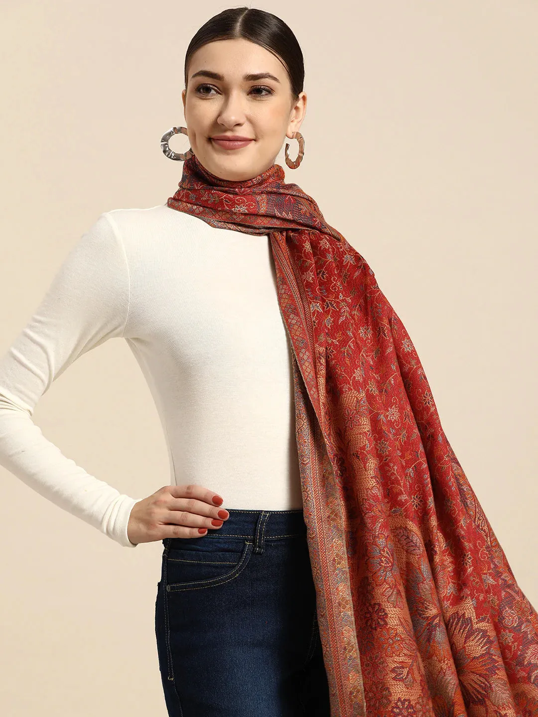 Women Maroon Jamawar Woven Design Shawl