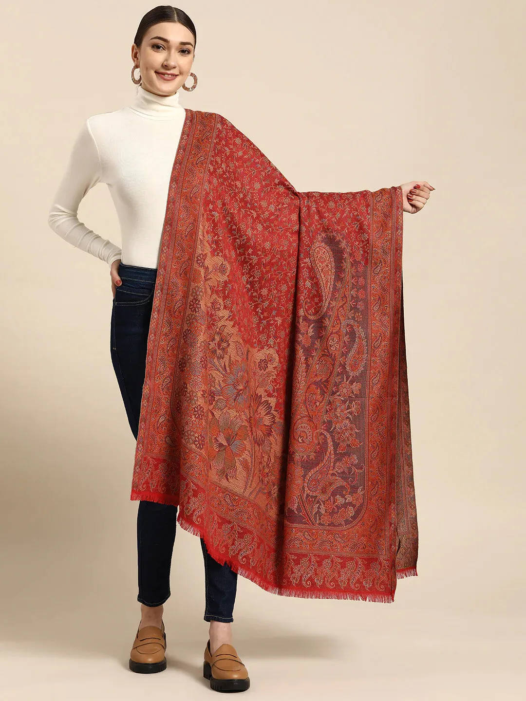 Women Maroon Jamawar Woven Design Shawl