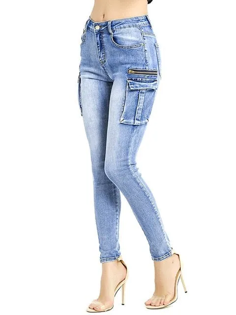 Women Summer Cargo Pants Female Zipper Pocket Stretch Slim Jeans