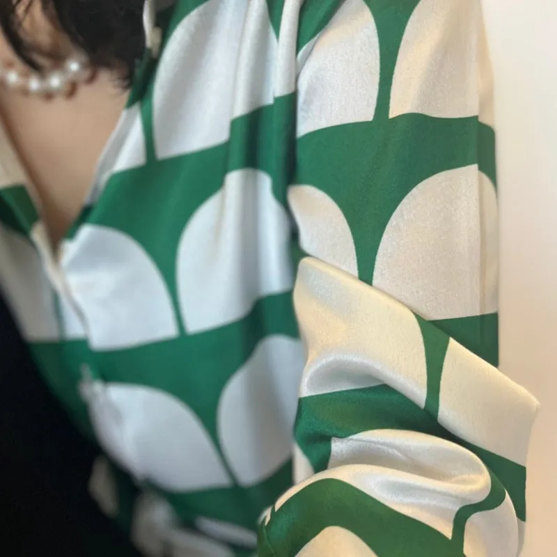 Women's Satin Green & White Work shirt