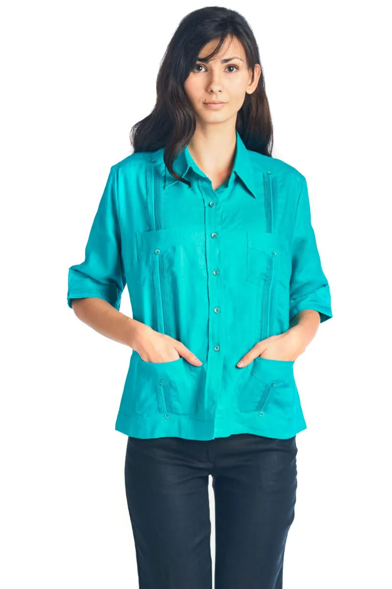 Women's Traditional Guayabera Shirt 3/4 Sleeve 4 Pocket Design