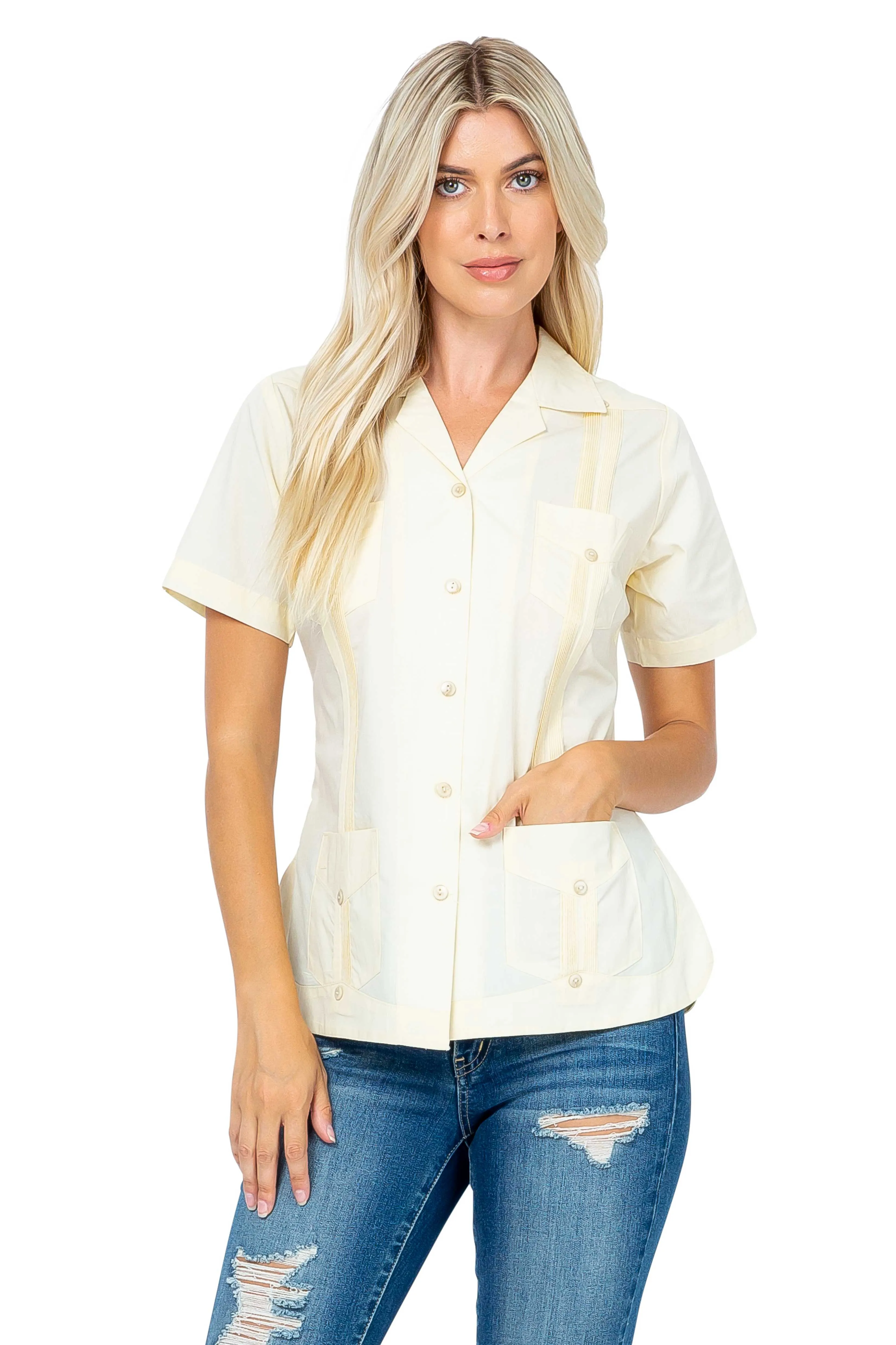 Women's Traditional Guayabera Shirt Cotton Blend 4 Pocket Design Short Sleeve