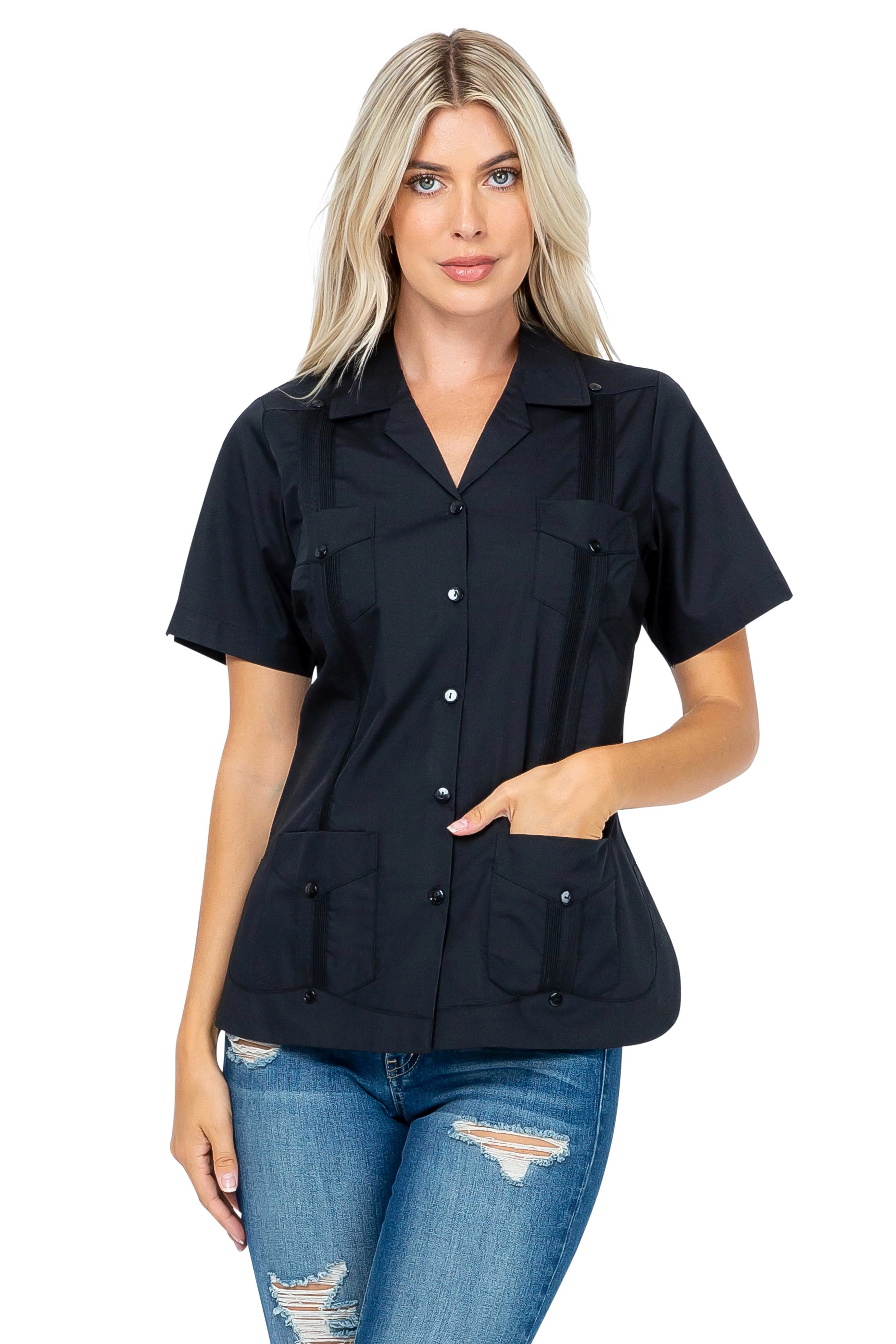 Women's Traditional Guayabera Shirt Cotton Blend 4 Pocket Design Short Sleeve