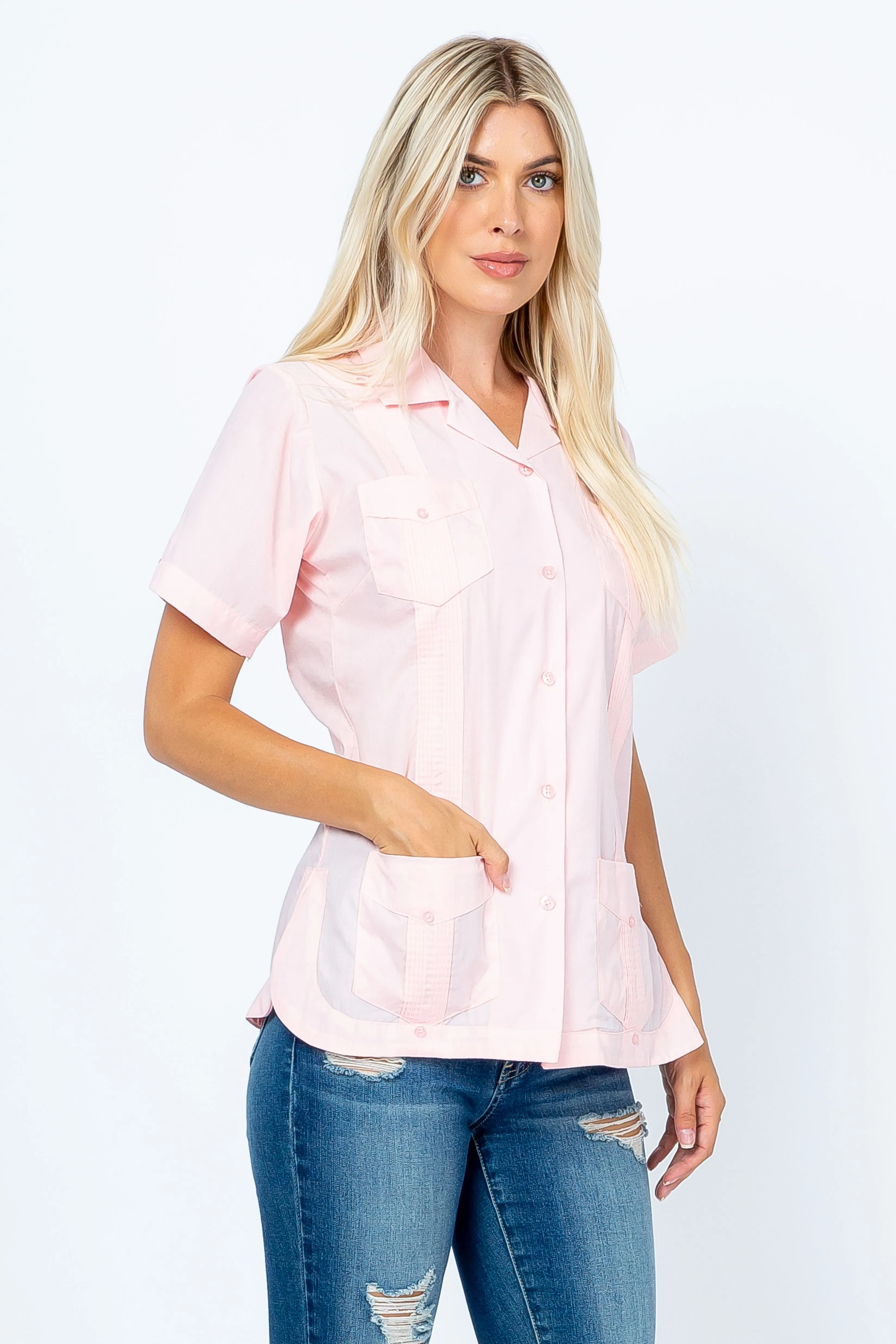 Women's Traditional Guayabera Shirt Cotton Blend 4 Pocket Design Short Sleeve