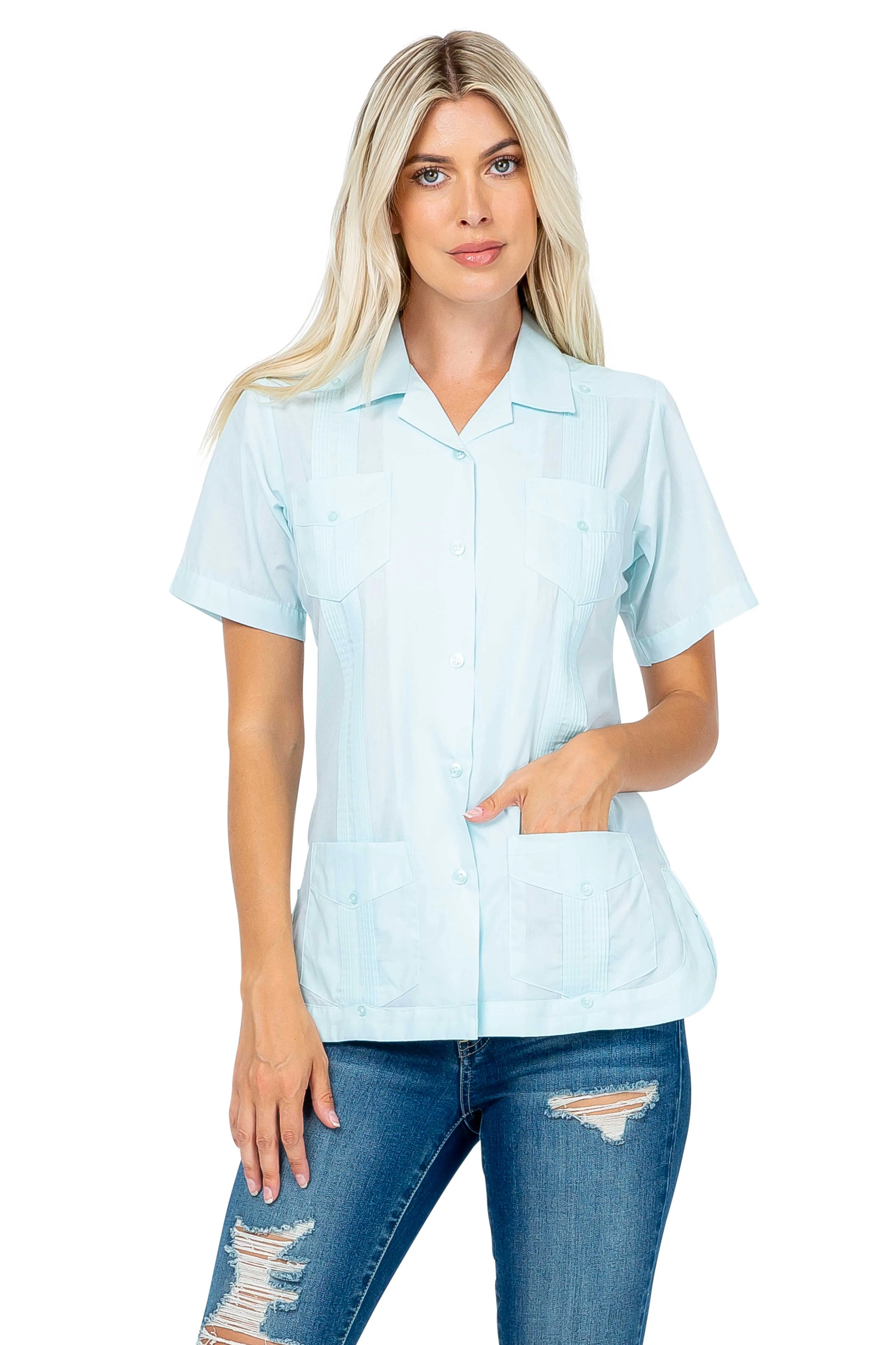 Women's Traditional Guayabera Shirt Cotton Blend 4 Pocket Design Short Sleeve