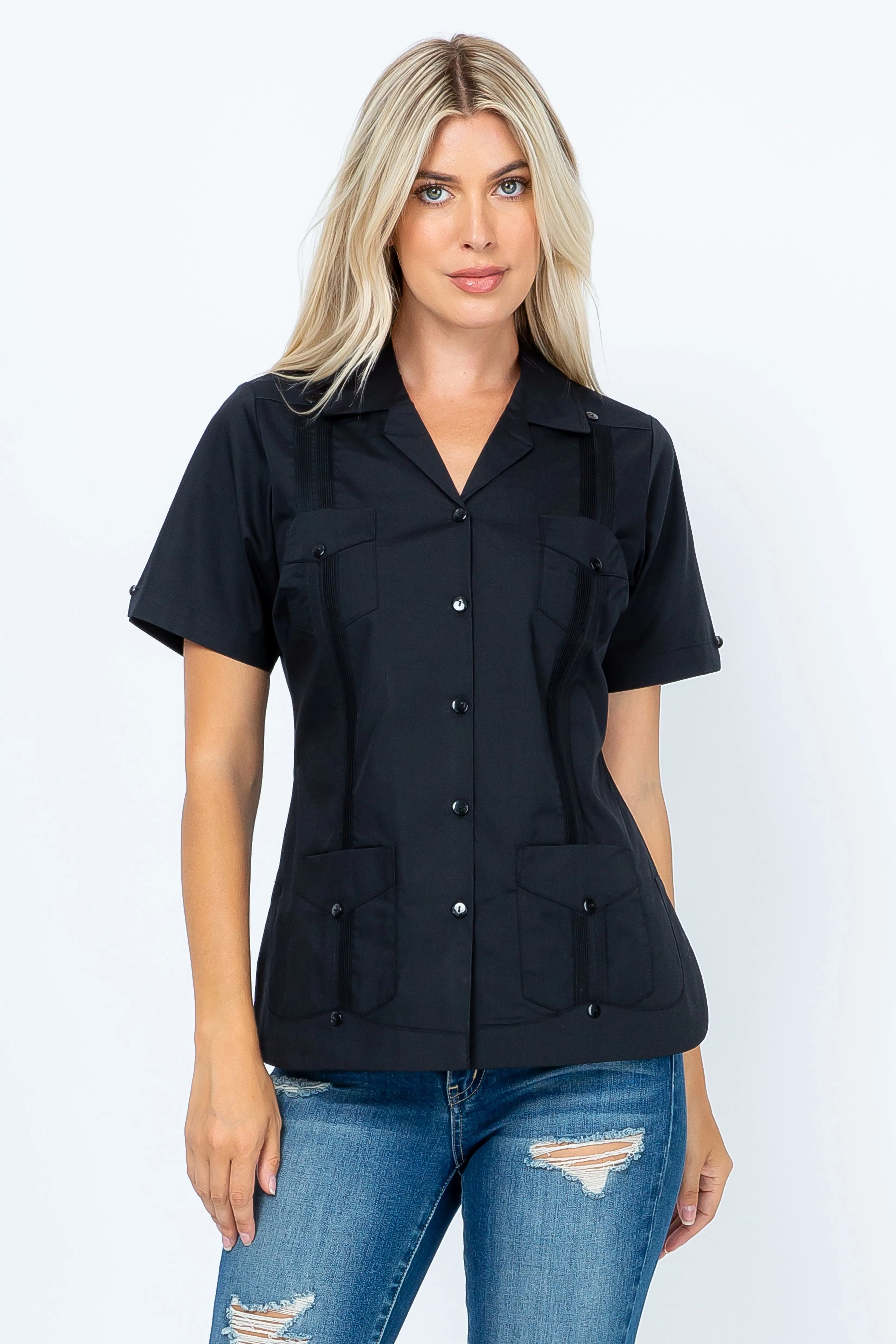 Women's Traditional Guayabera Shirt Cotton Blend 4 Pocket Design Short Sleeve