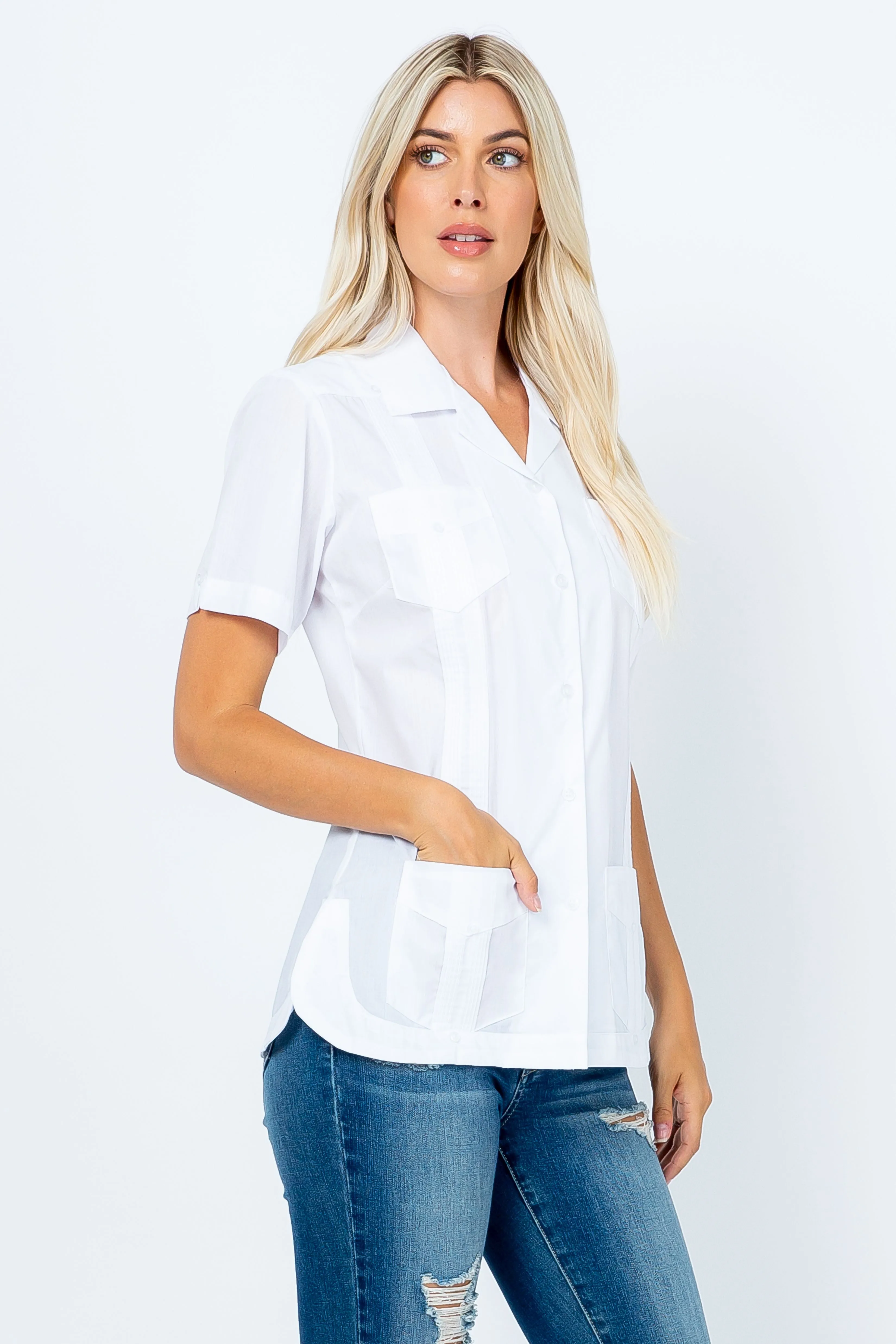 Women's Traditional Guayabera Shirt Cotton Blend 4 Pocket Design Short Sleeve