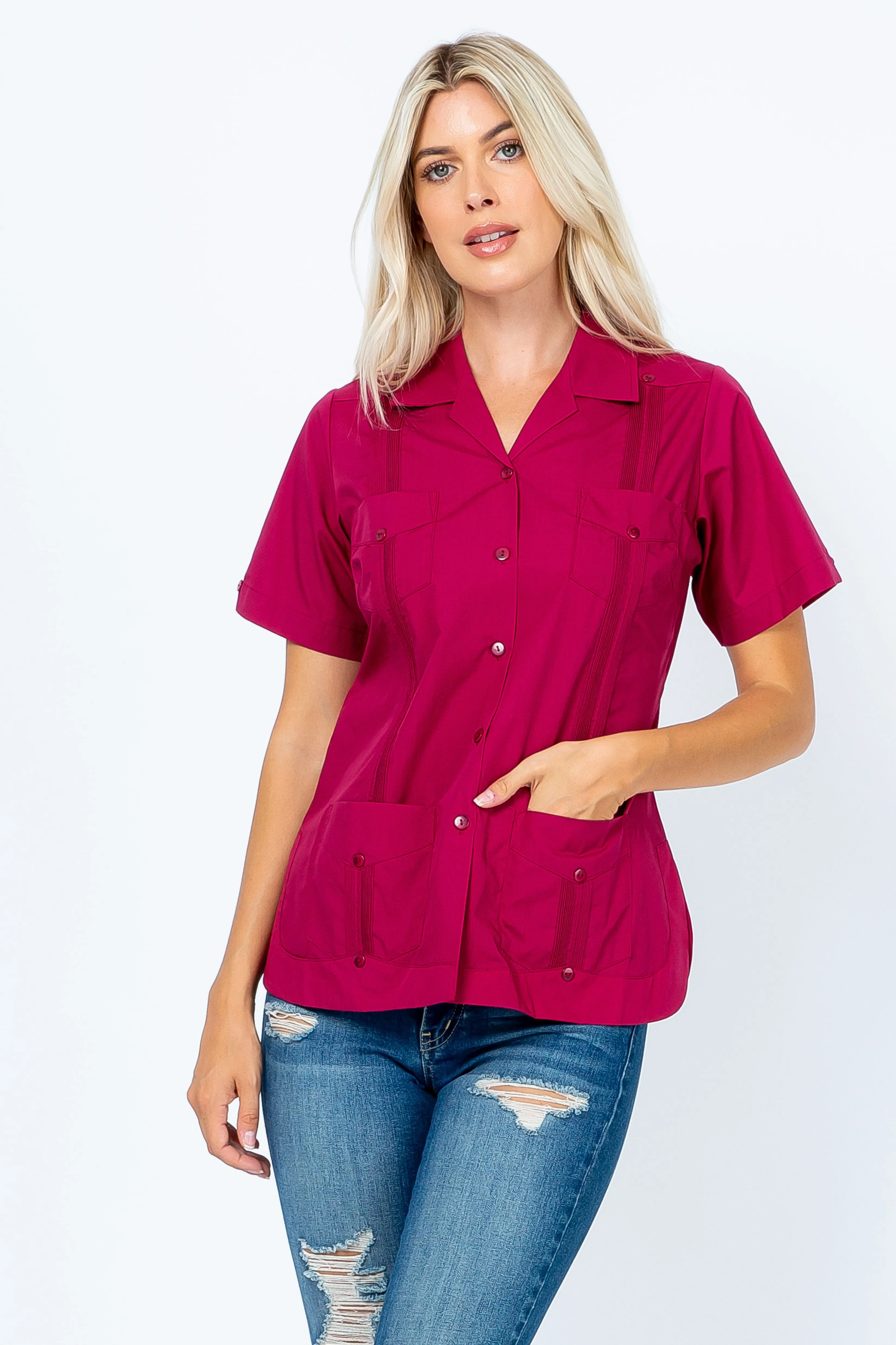 Women's Traditional Guayabera Shirt Cotton Blend 4 Pocket Design Short Sleeve