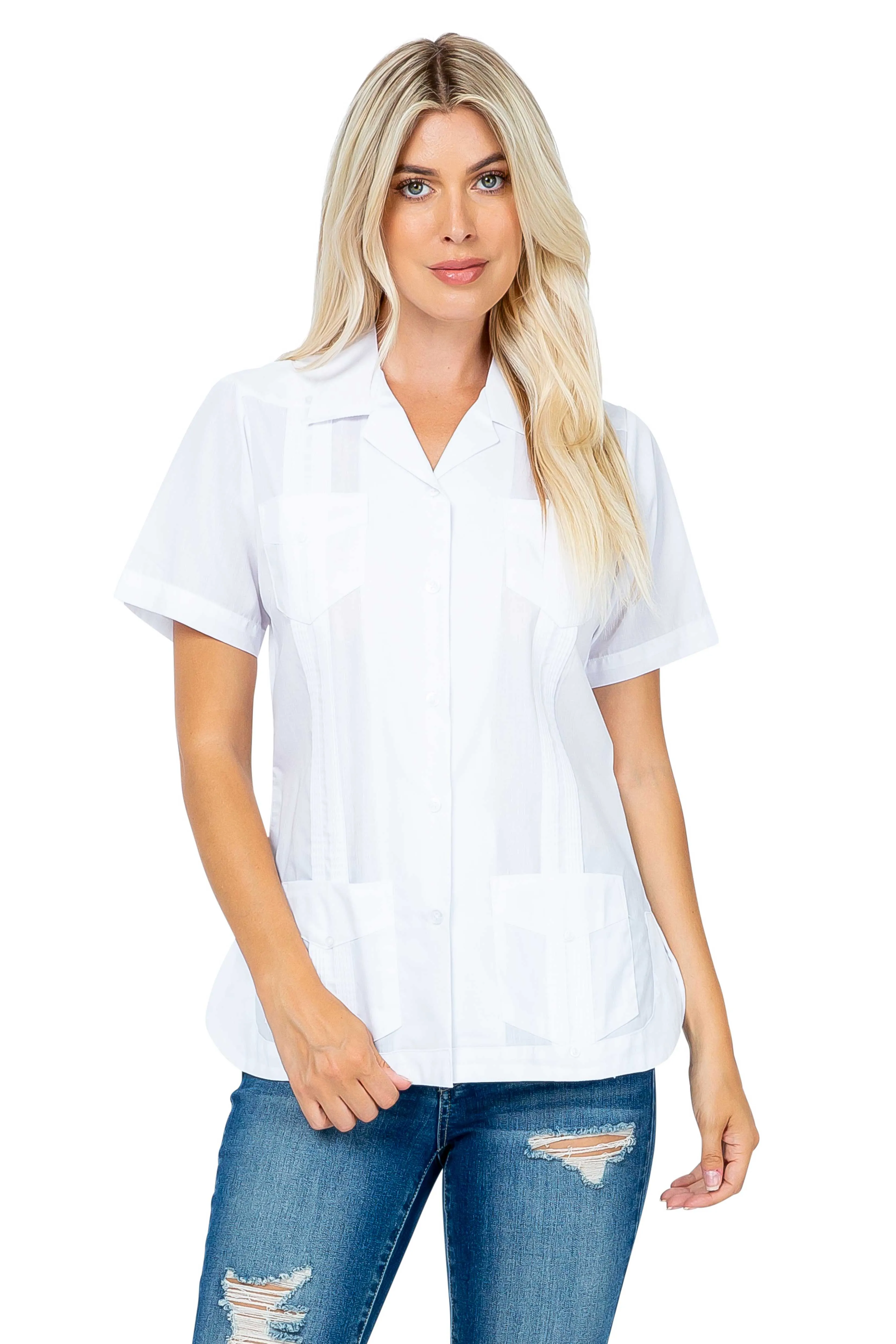 Women's Traditional Guayabera Shirt Cotton Blend 4 Pocket Design Short Sleeve