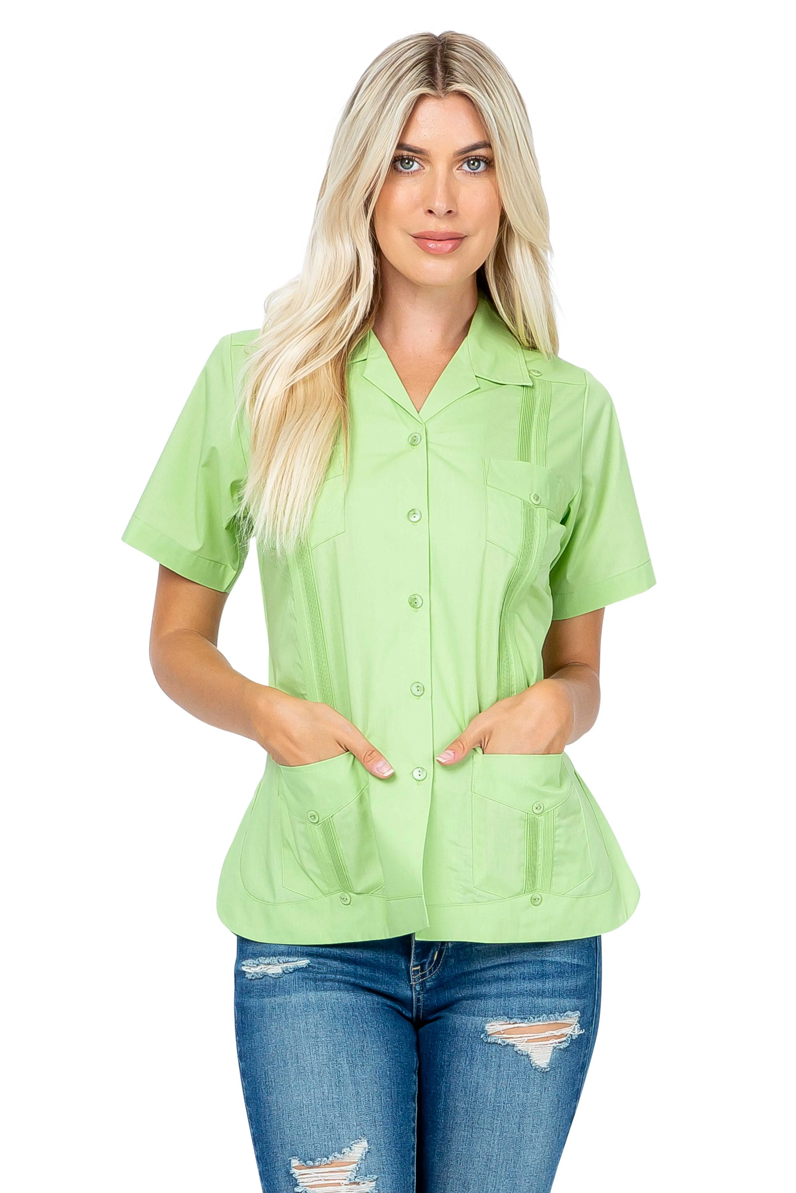 Women's Traditional Guayabera Shirt Cotton Blend 4 Pocket Design Short Sleeve