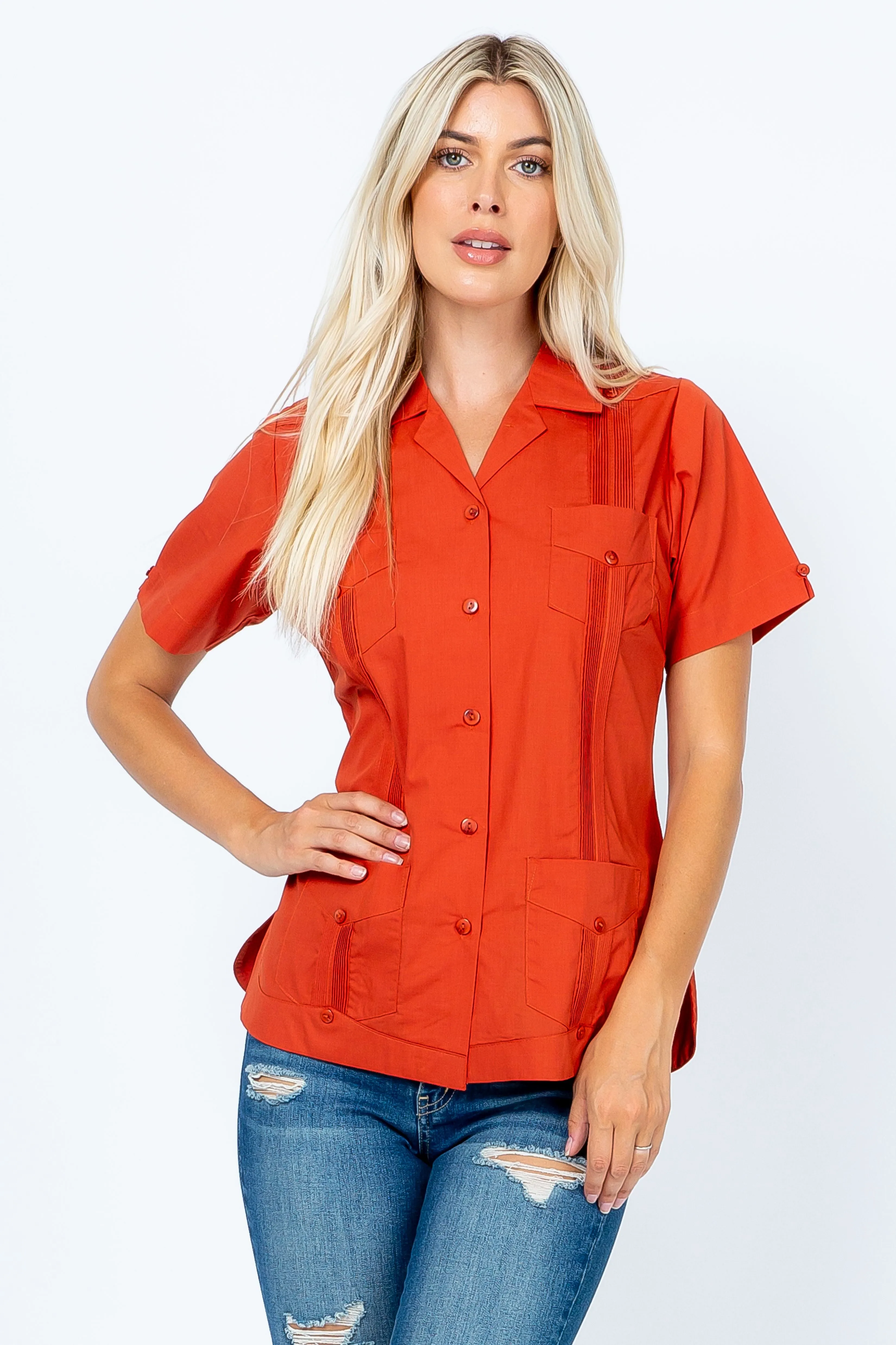 Women's Traditional Guayabera Shirt Cotton Blend 4 Pocket Design Short Sleeve