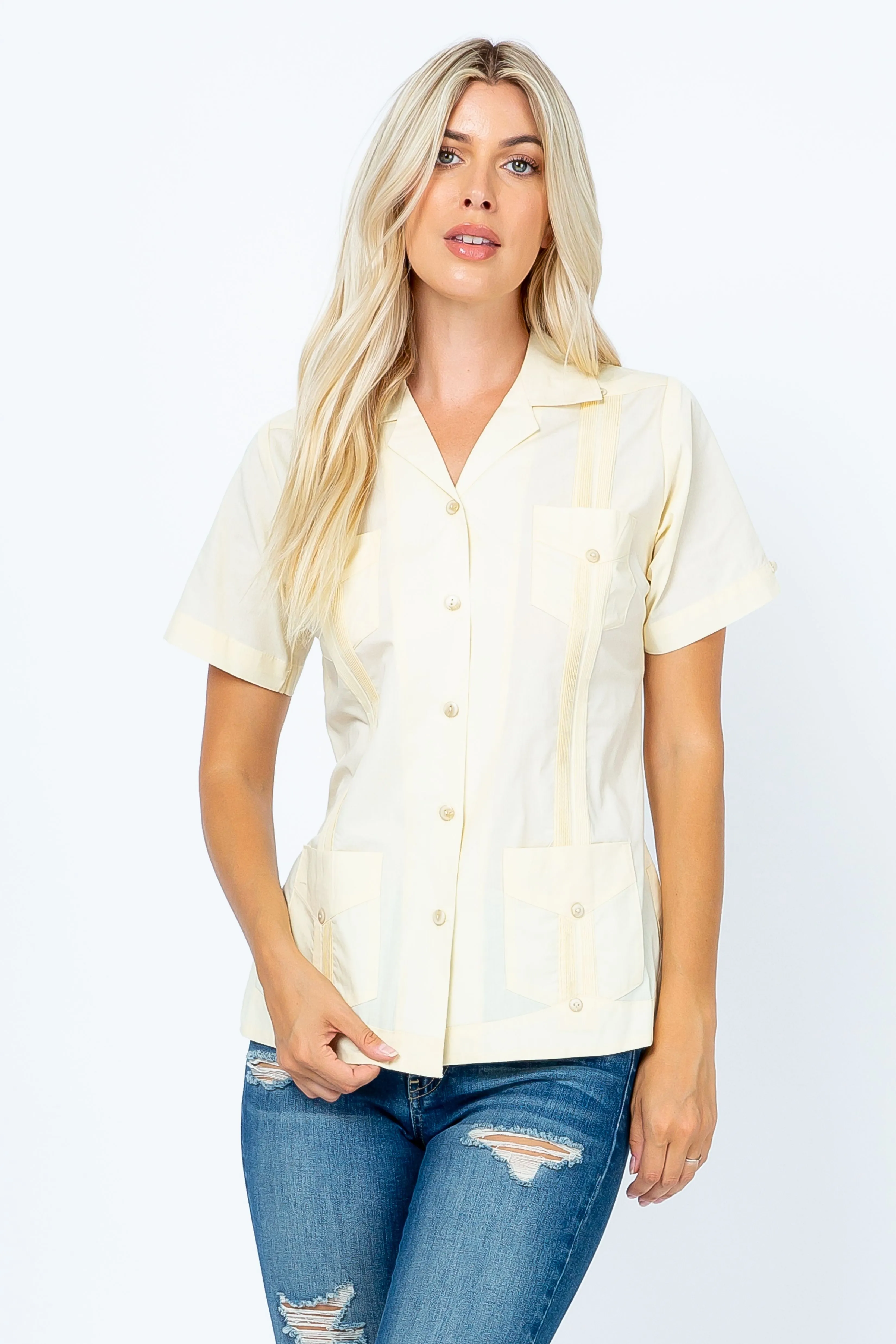 Women's Traditional Guayabera Shirt Cotton Blend 4 Pocket Design Short Sleeve