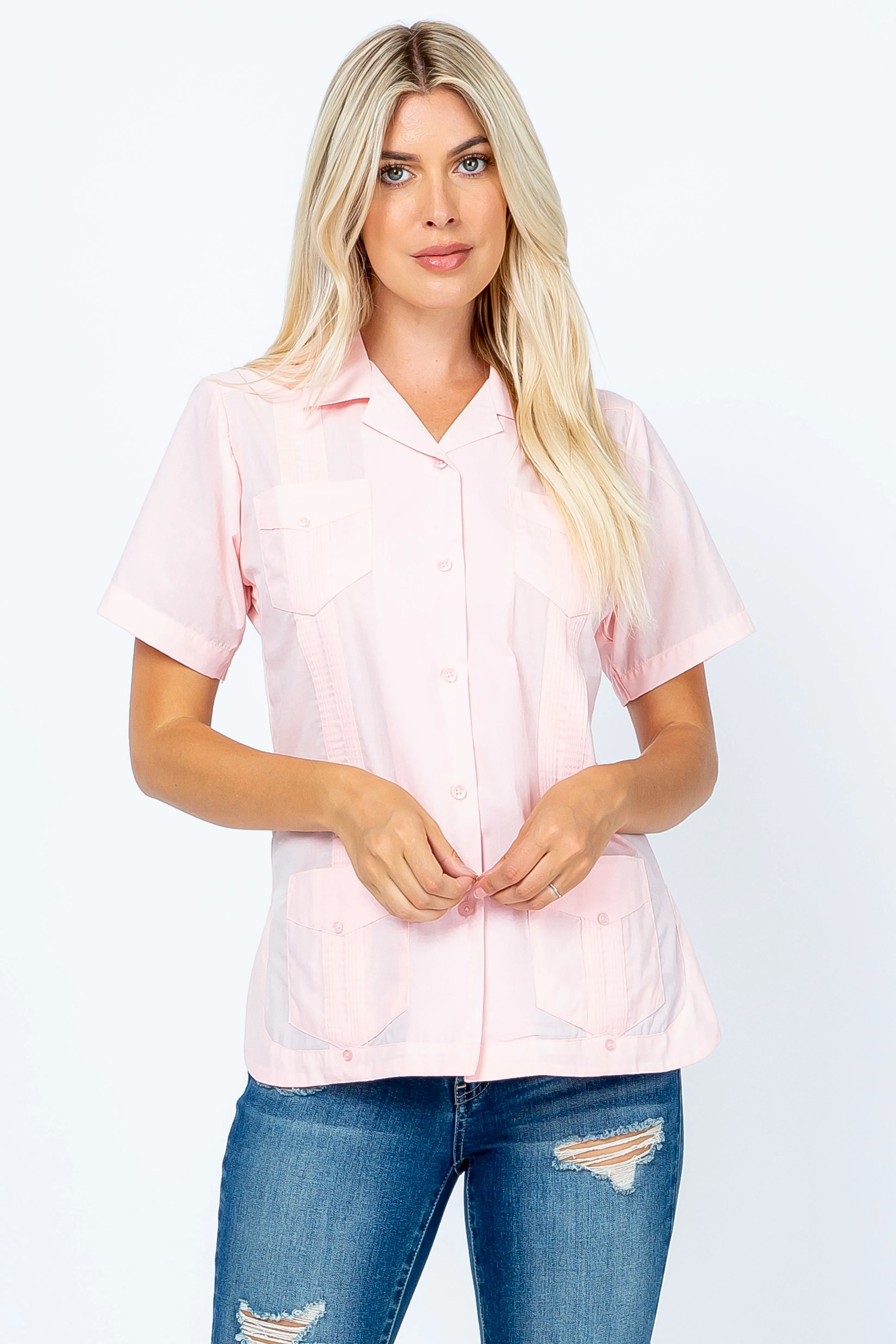 Women's Traditional Guayabera Shirt Cotton Blend 4 Pocket Design Short Sleeve