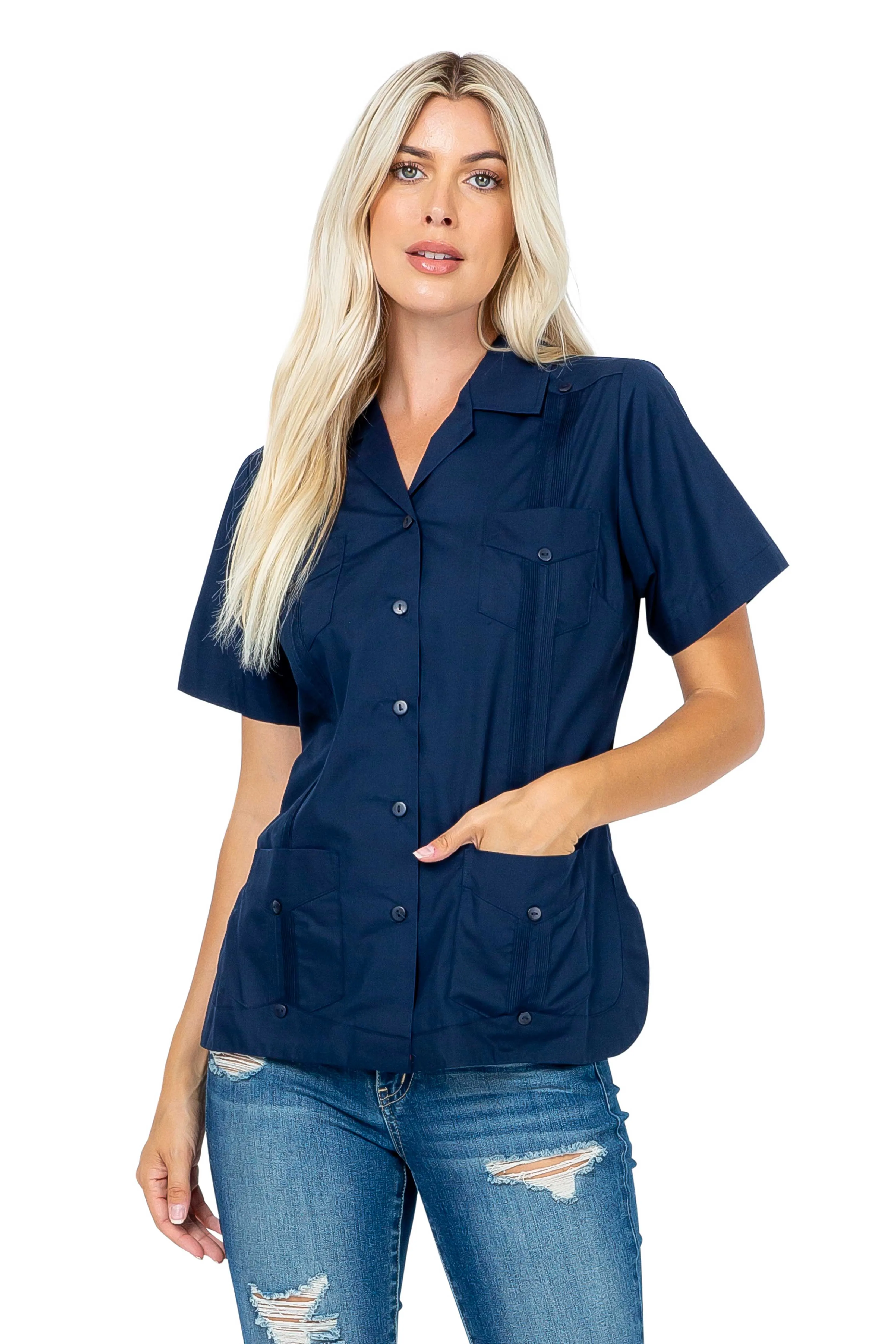 Women's Traditional Guayabera Shirt Cotton Blend 4 Pocket Design Short Sleeve