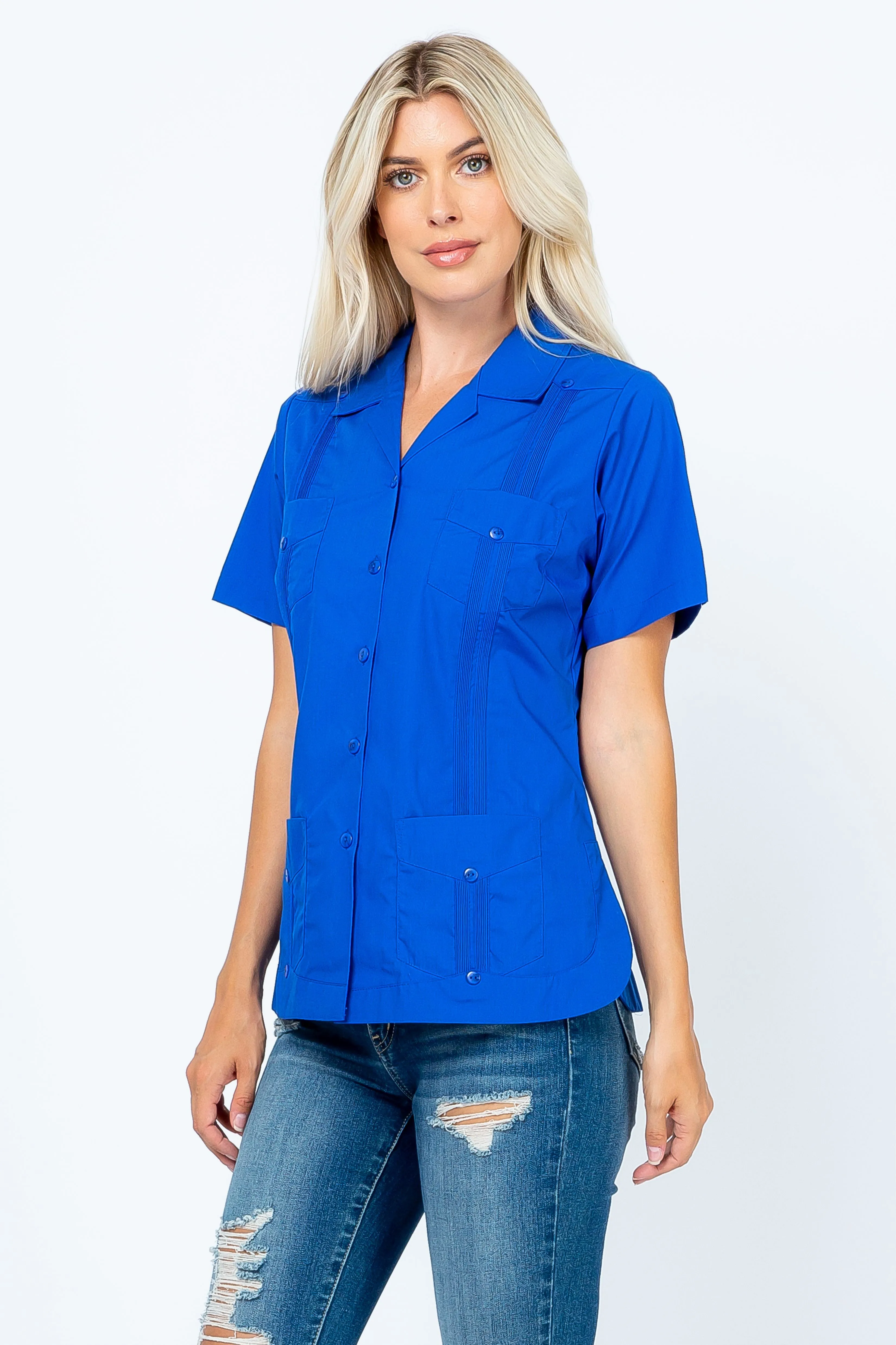 Women's Traditional Guayabera Shirt Cotton Blend 4 Pocket Design Short Sleeve