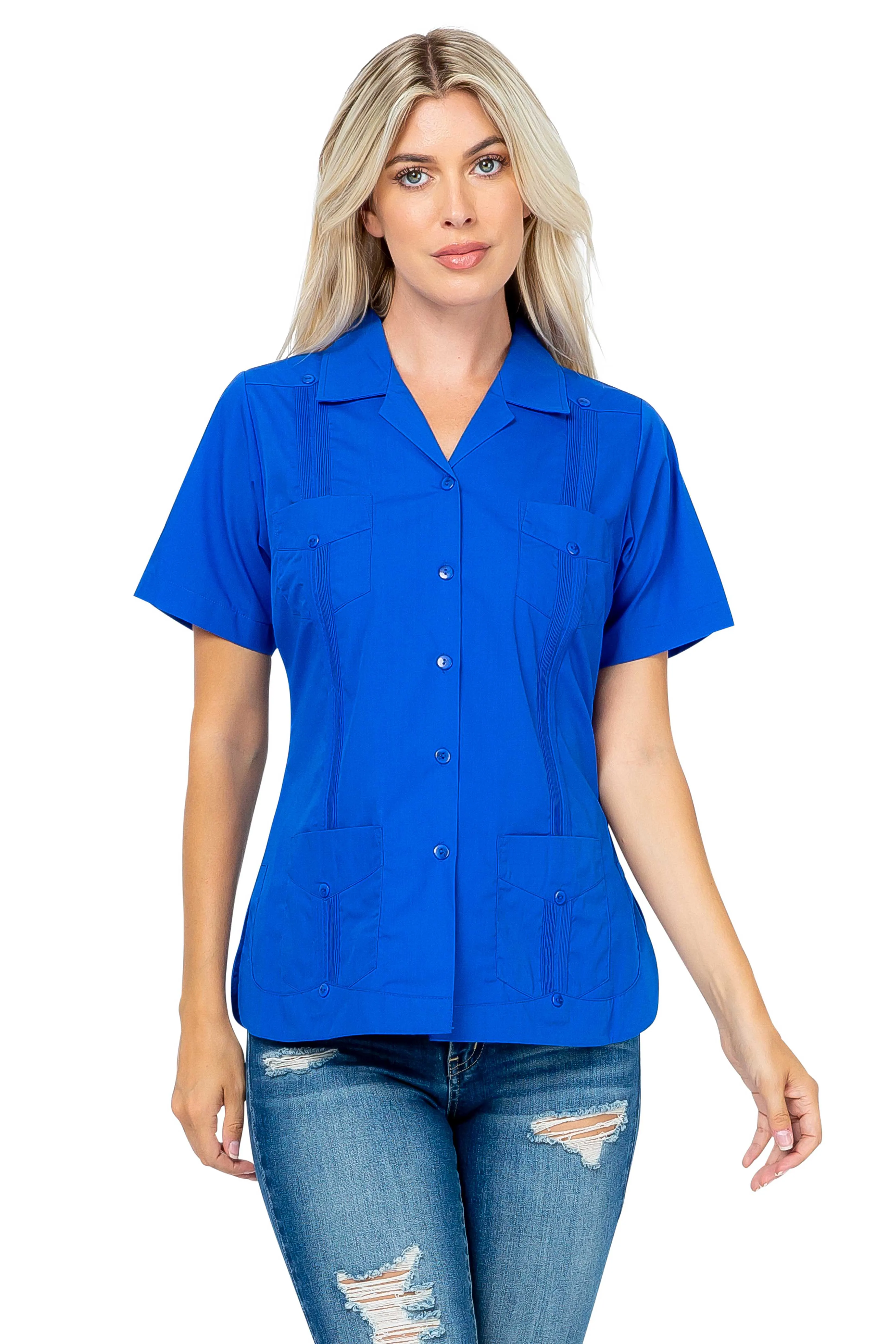 Women's Traditional Guayabera Shirt Cotton Blend 4 Pocket Design Short Sleeve