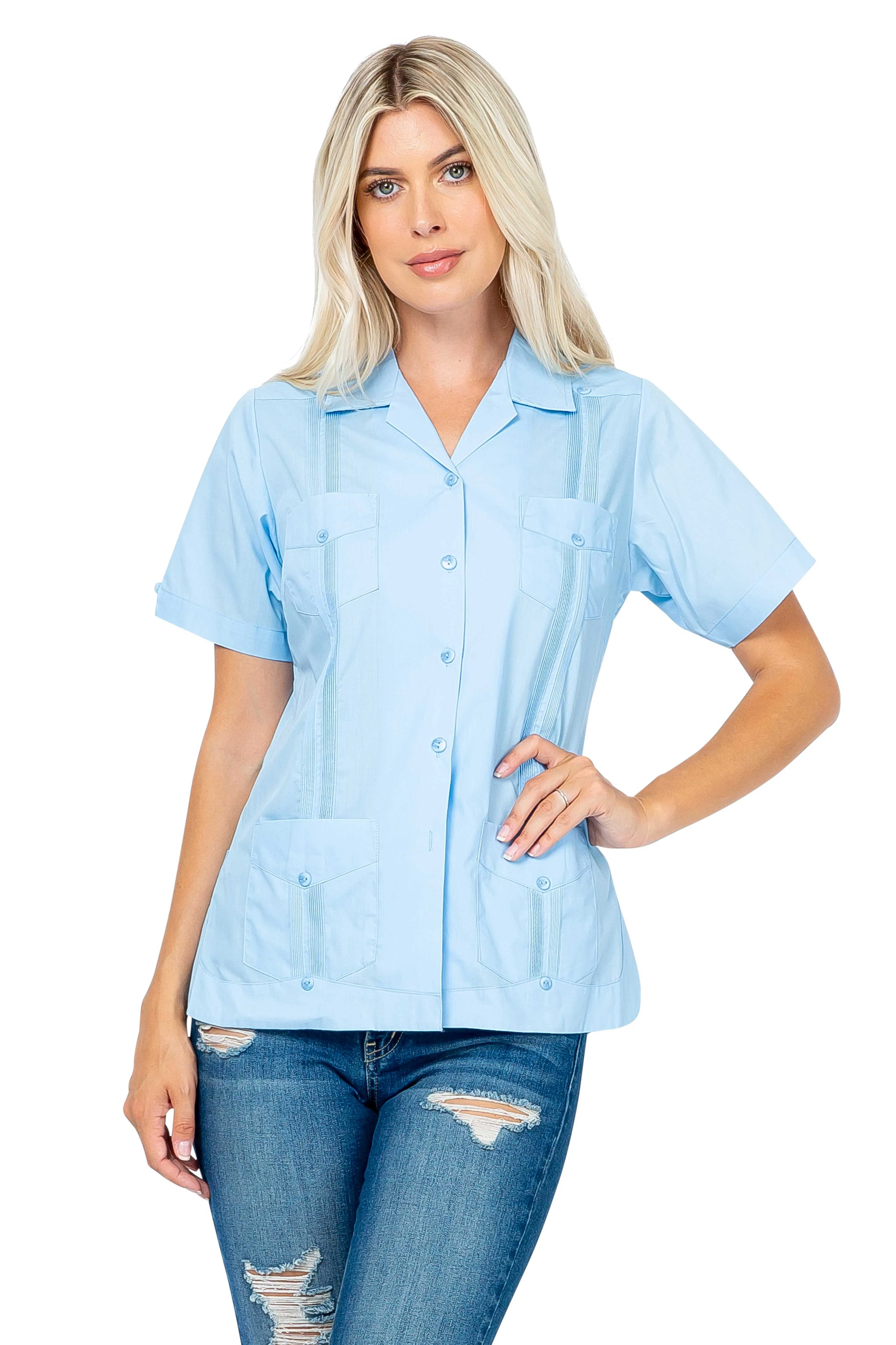 Women's Traditional Guayabera Shirt Cotton Blend 4 Pocket Design Short Sleeve