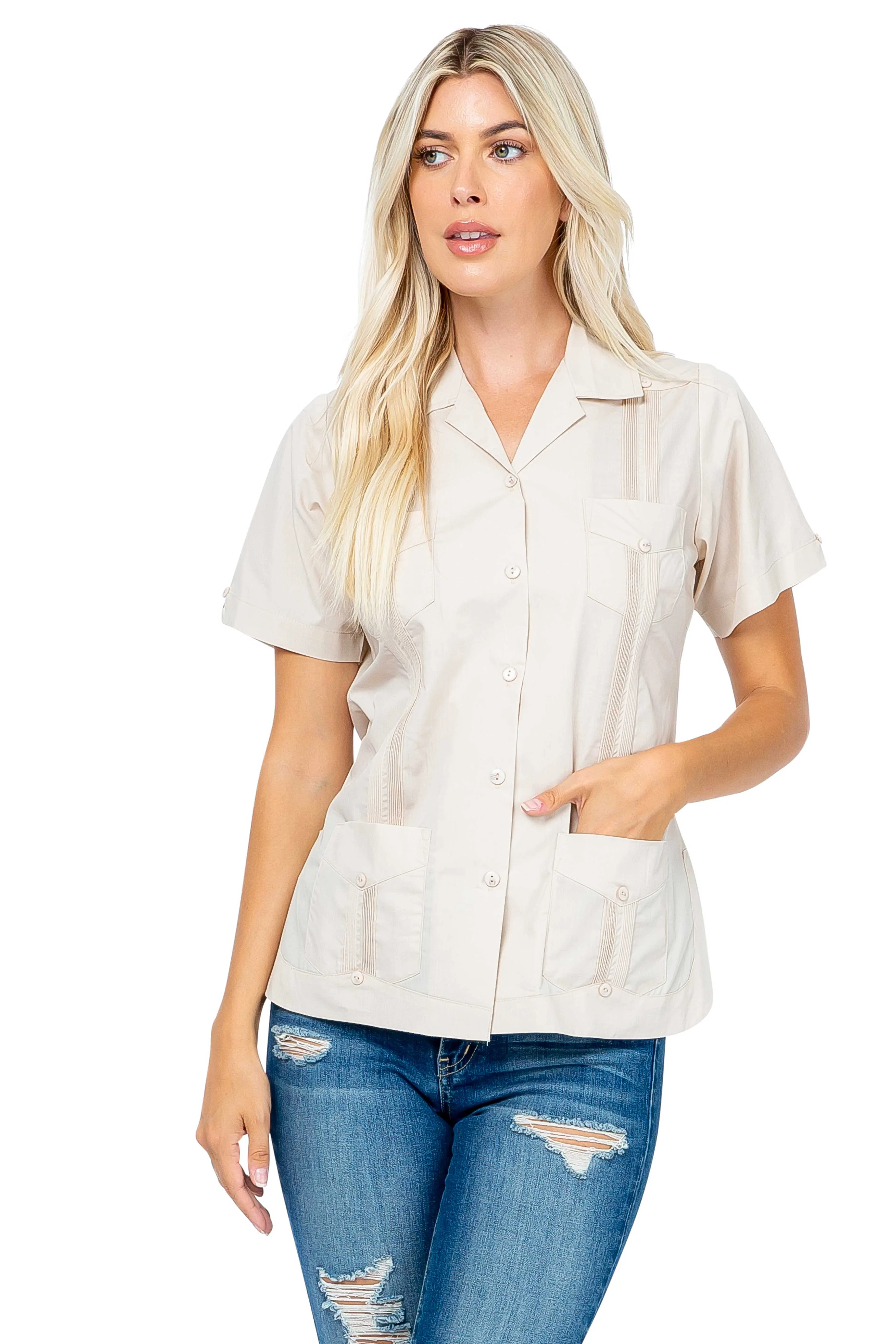 Women's Traditional Guayabera Shirt Cotton Blend 4 Pocket Design Short Sleeve