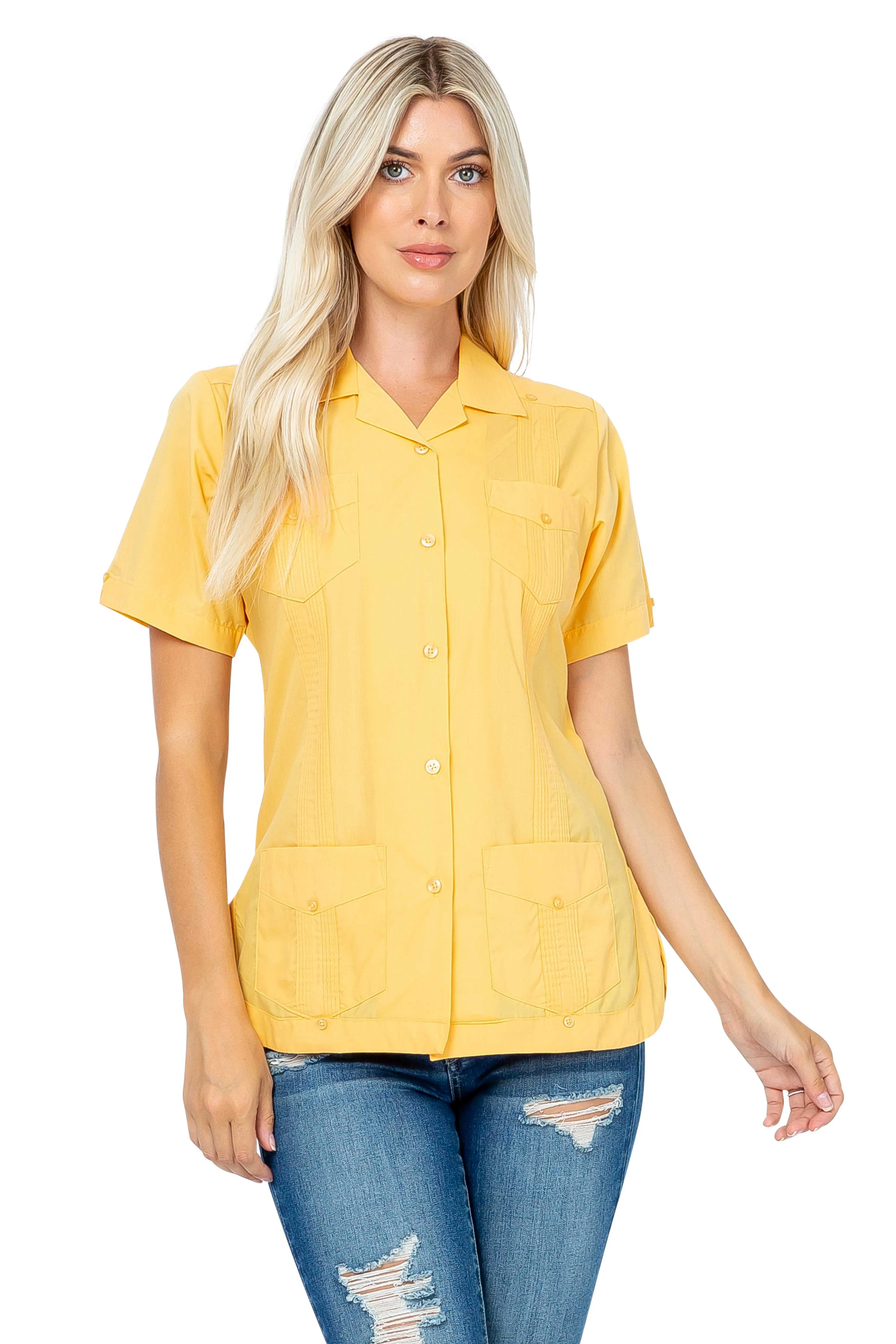 Women's Traditional Guayabera Shirt Cotton Blend 4 Pocket Design Short Sleeve