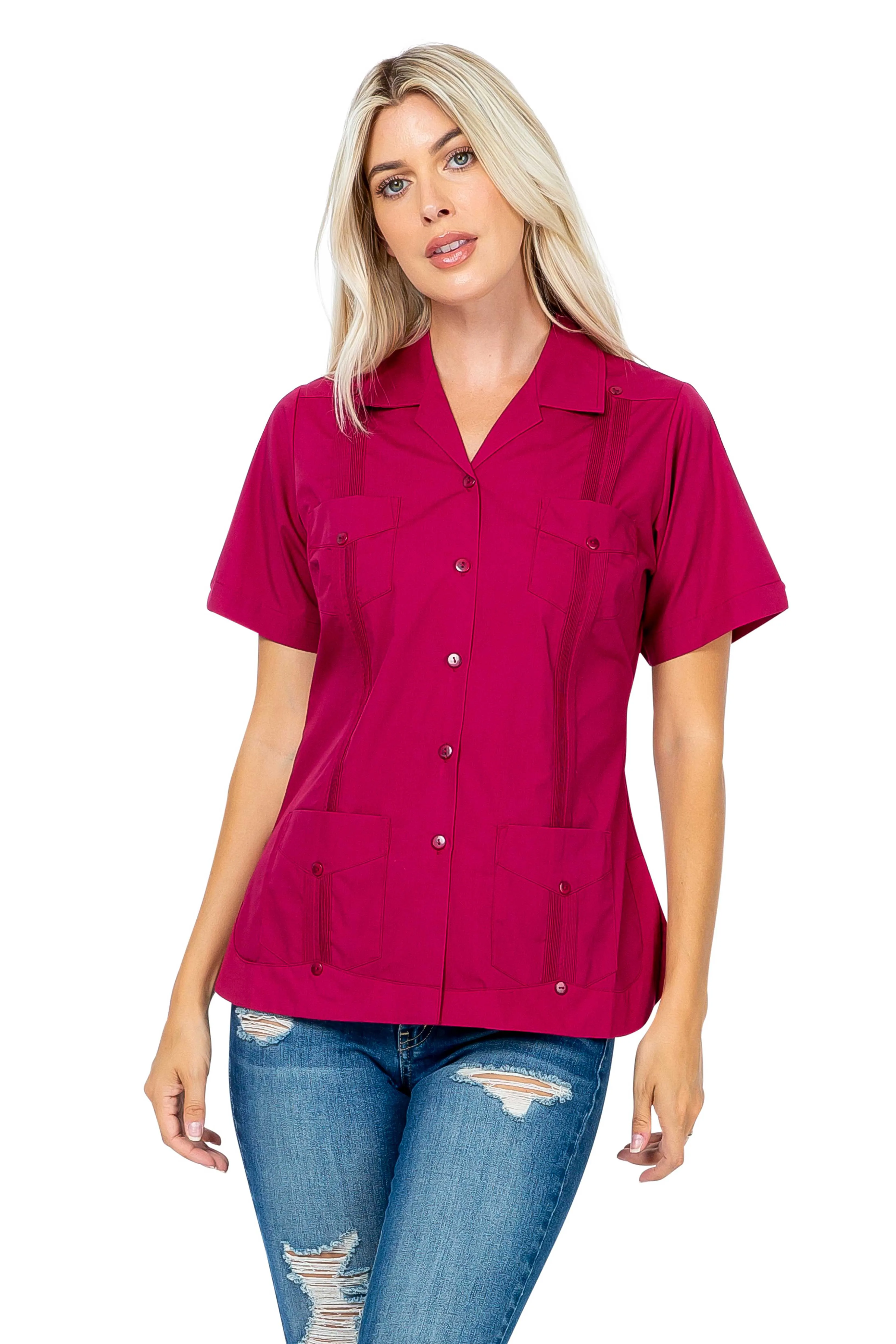 Women's Traditional Guayabera Shirt Cotton Blend 4 Pocket Design Short Sleeve