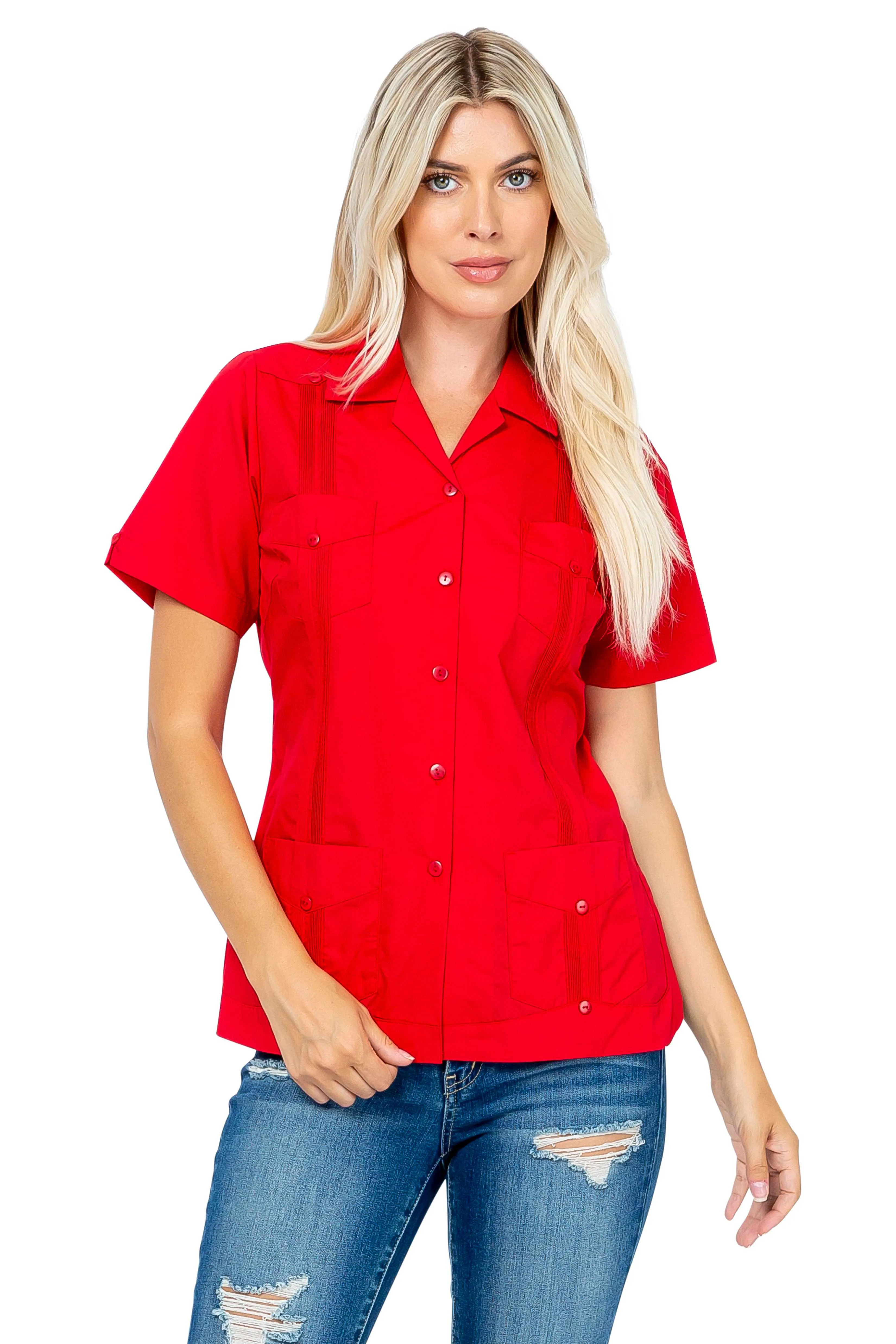 Women's Traditional Guayabera Shirt Cotton Blend 4 Pocket Design Short Sleeve