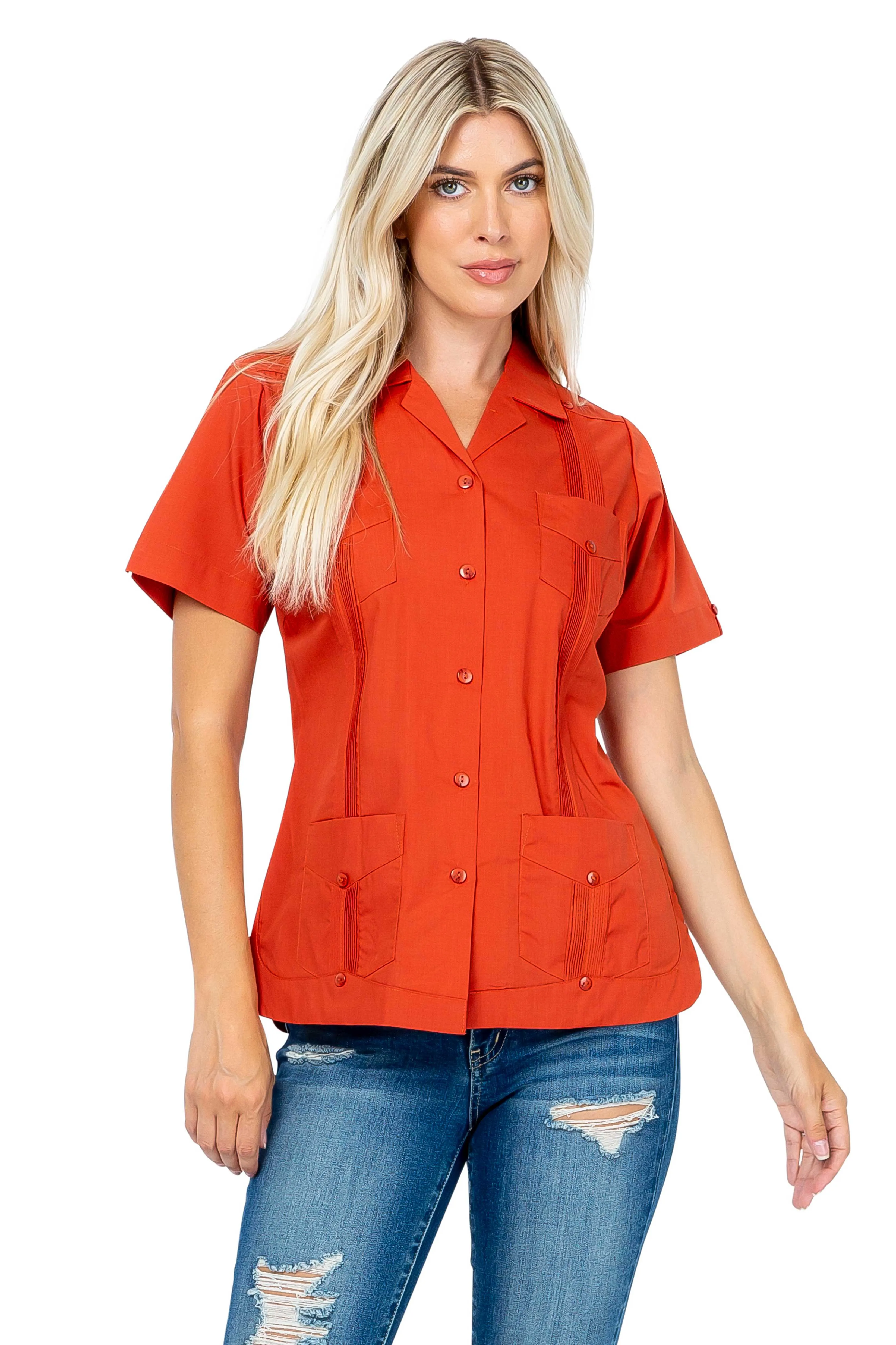 Women's Traditional Guayabera Shirt Cotton Blend 4 Pocket Design Short Sleeve