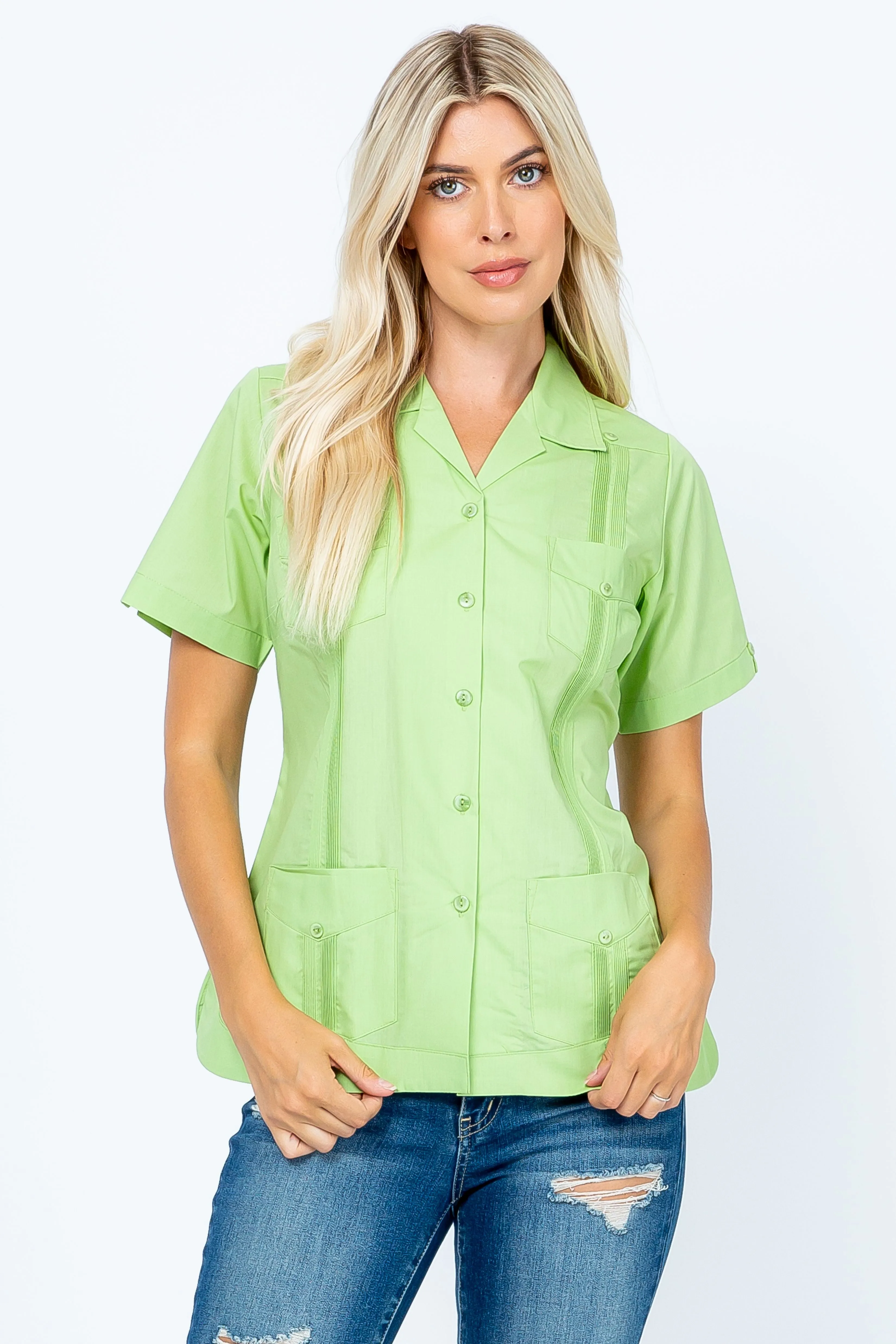 Women's Traditional Guayabera Shirt Cotton Blend 4 Pocket Design Short Sleeve