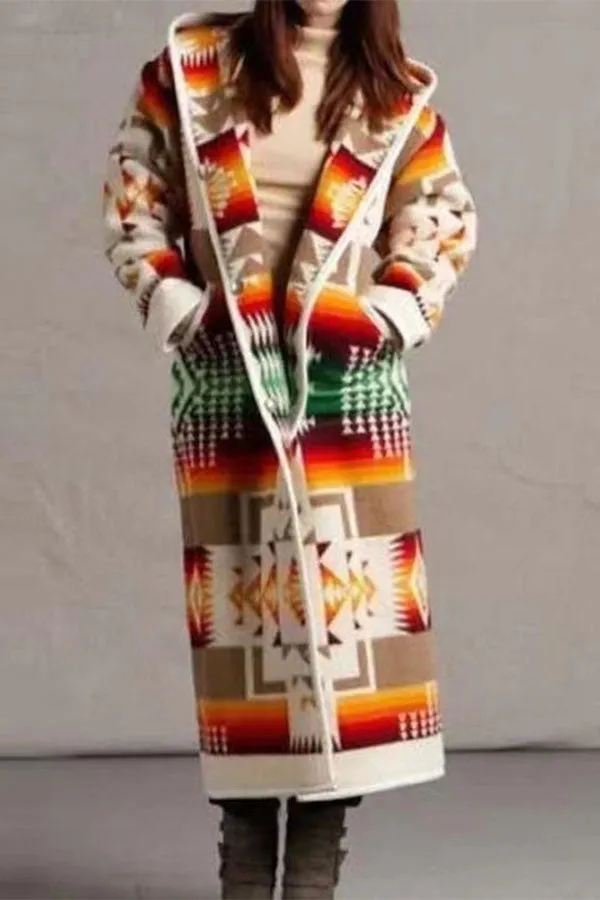 xiangtuibao Tribal Graphic Print Retro Hooded Trench Coat